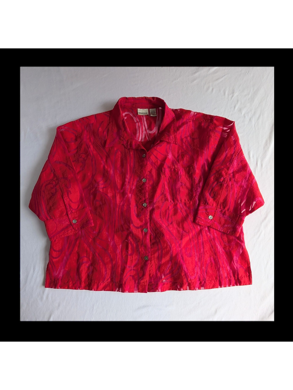 Chico's Women's Red Pink Abstract Collared Button 3/4 Sleeve Sheer Blouse Size 3